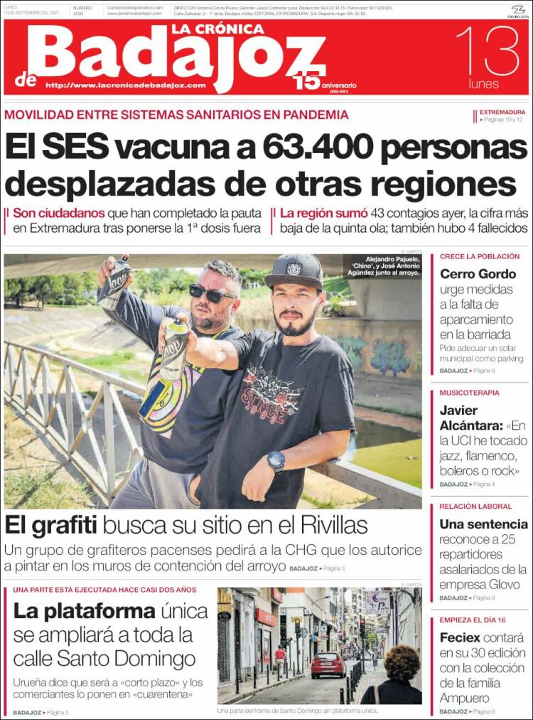 Portada de La Crónica de Badajoz (España)