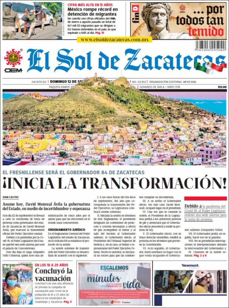 Portada de El Sol de Zacatecas (M&eacute;xico)