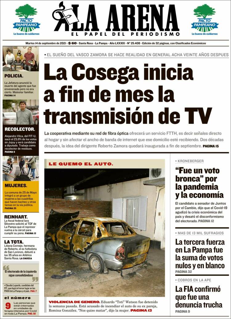 Portada de Diario La Arena (Argentina)