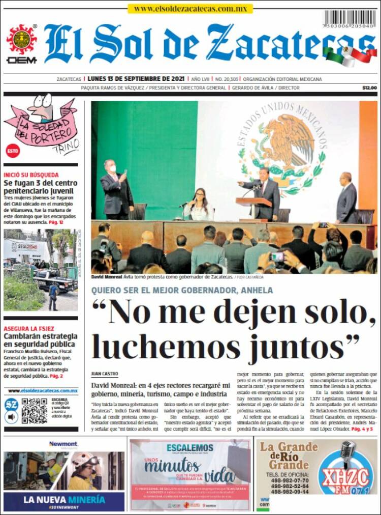 Portada de El Sol de Zacatecas (México)