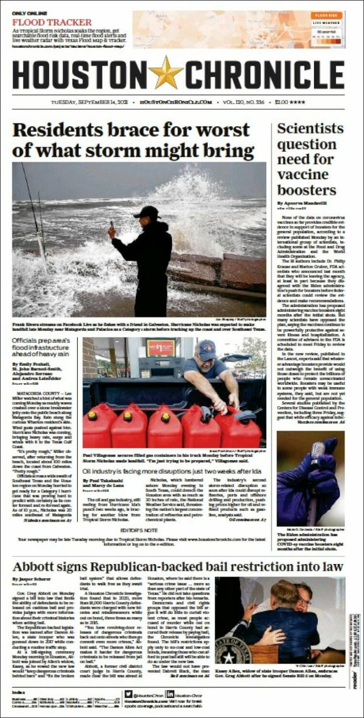 Portada de Houston Chronicle (USA)