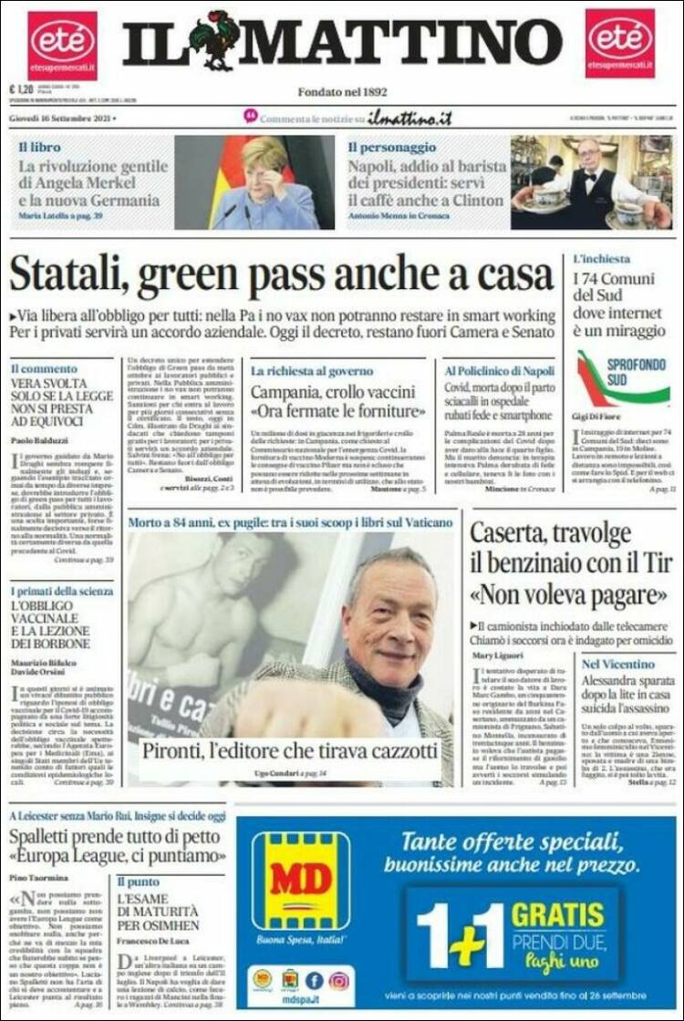 Portada de Il Mattino (Italia)