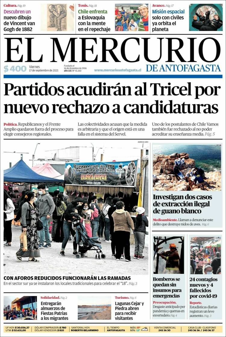 Portada de El Mercurio de Antofagasta (Chile)