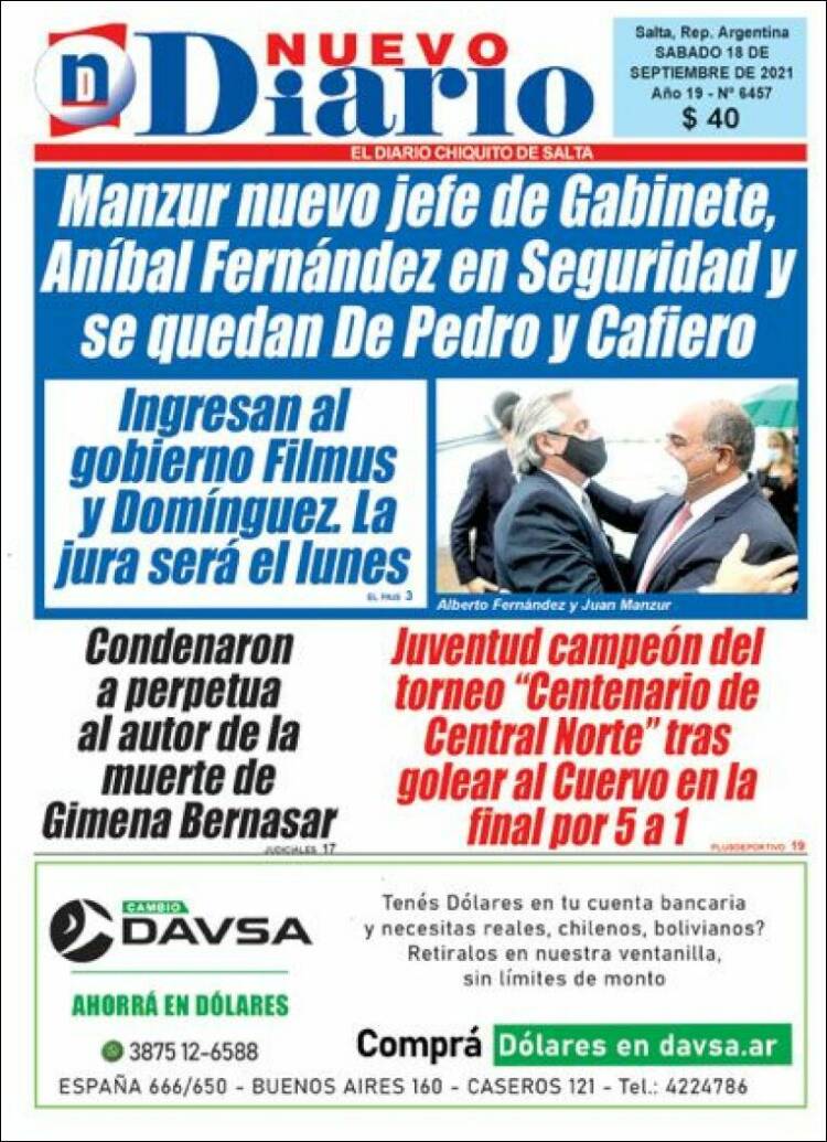 Portada de Nuevo Diario de Salta (Argentina)