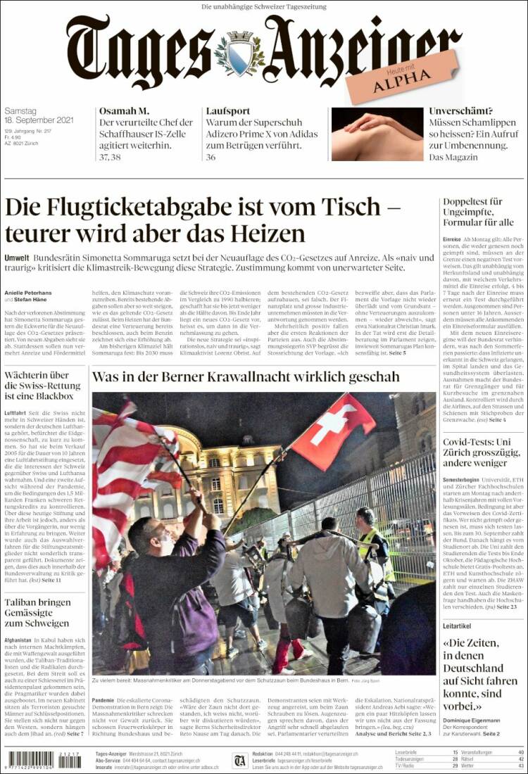 Portada de Tages-Anzeiger (Suiza)