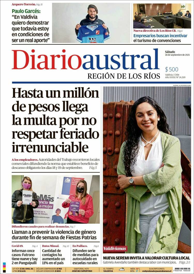 Portada de El Diario Austral de Valdivia (Chile)