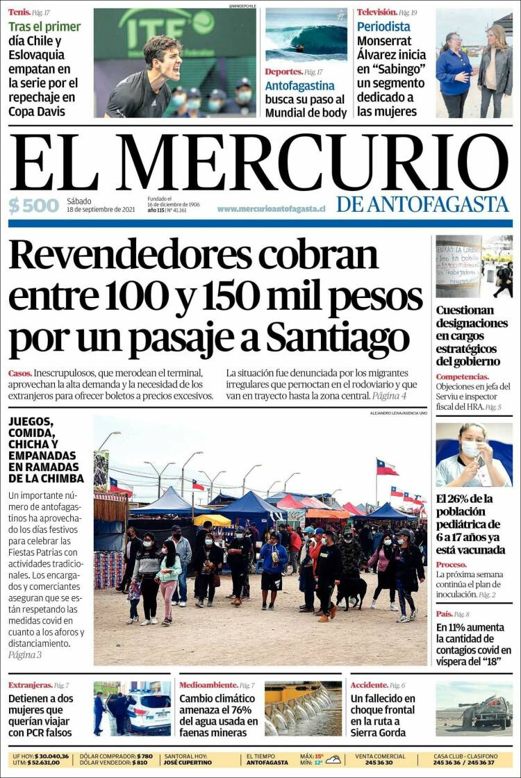 Portada de El Mercurio de Antofagasta (Chile)