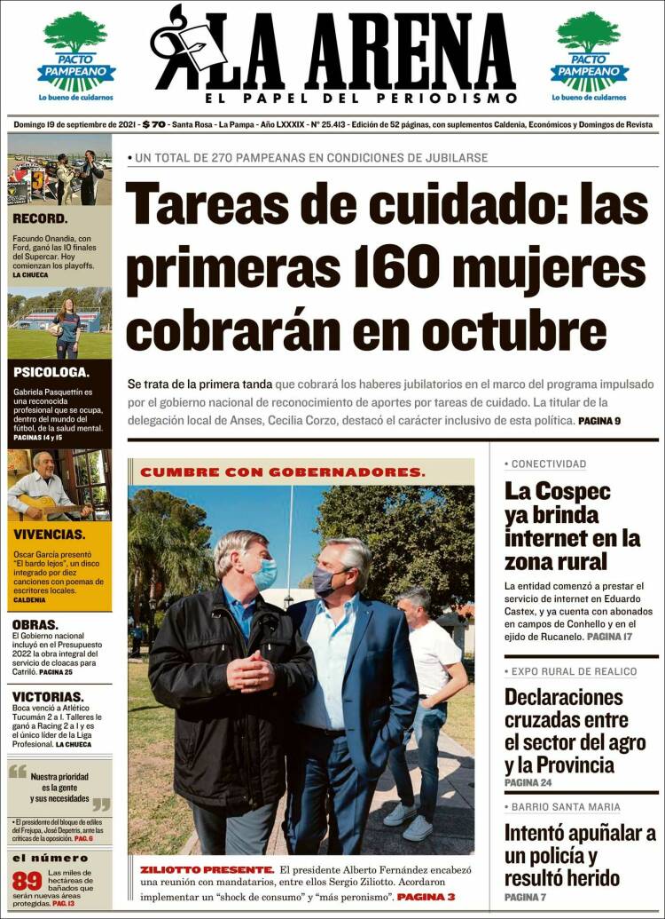 Portada de Diario La Arena (Argentina)