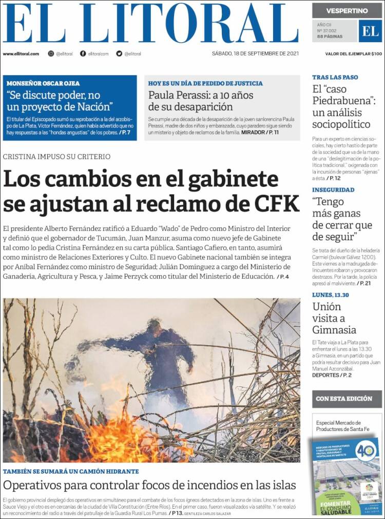 Portada de Diario El Litoral (Argentina)