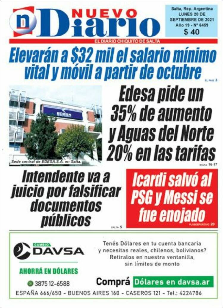 Portada de Nuevo Diario de Salta (Argentina)