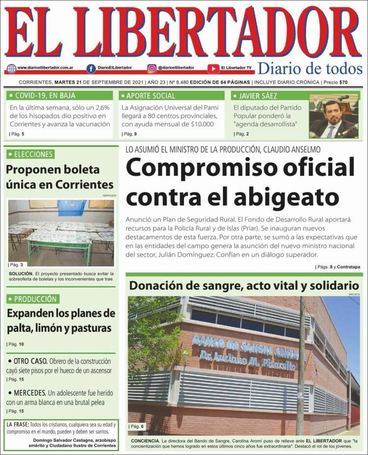 Portada de Diario El Libertador (Argentina)