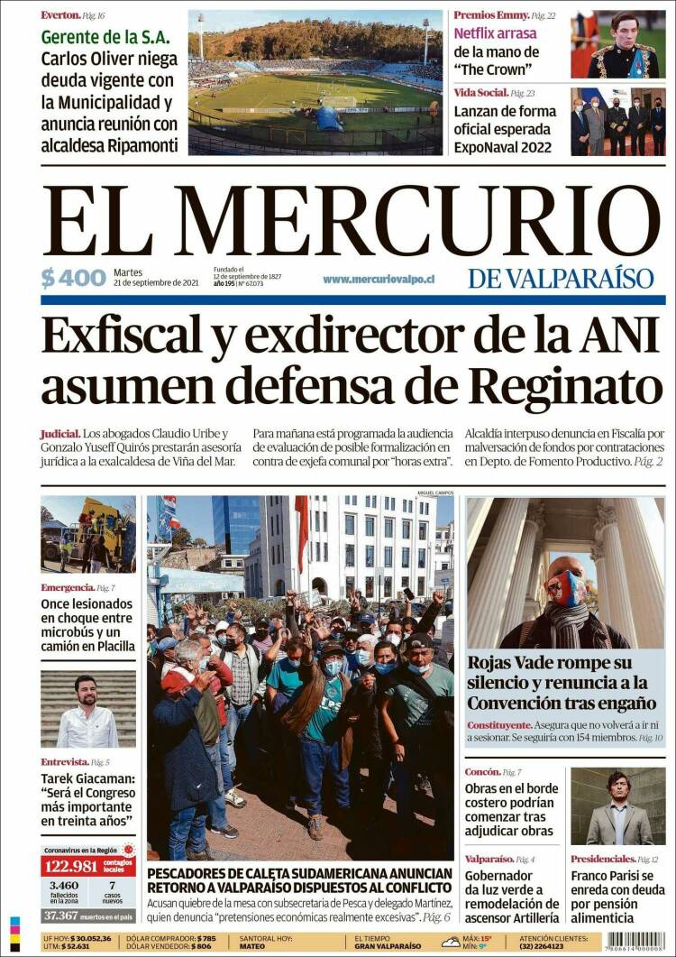 Portada de Mercurio de Valparaiso (Chile)