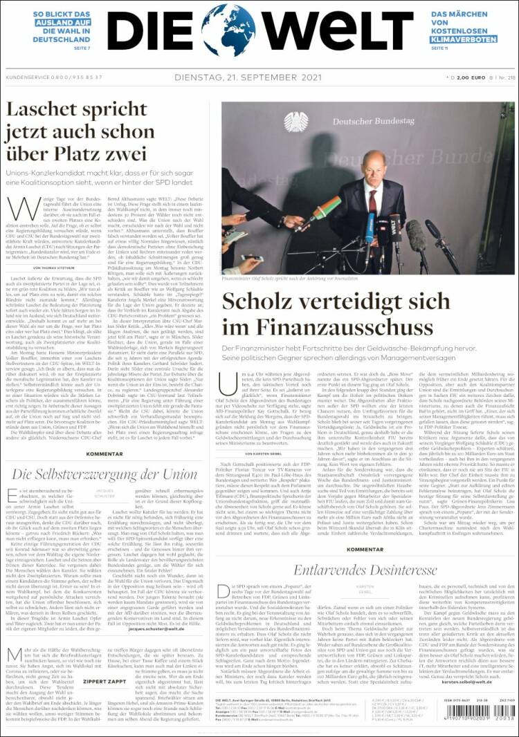Portada de Die Welt (Alemania)