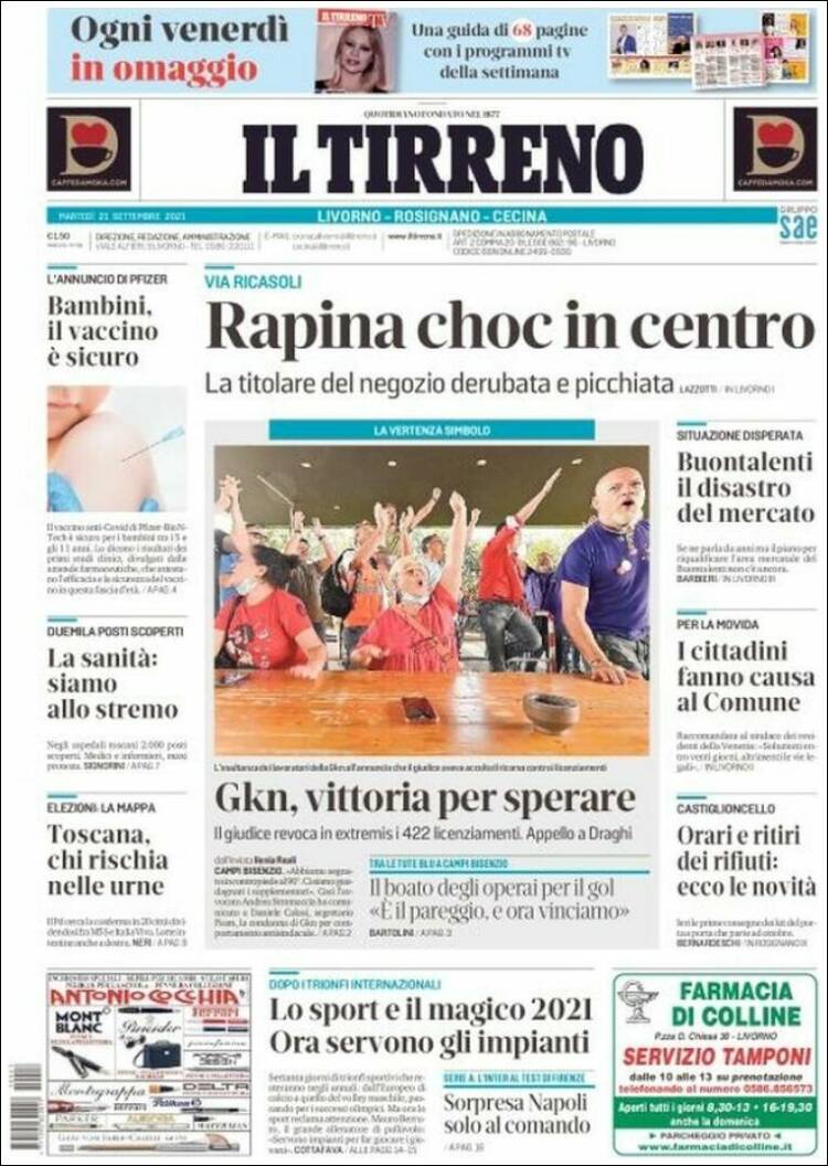 Portada de Il Tirreno (Italia)