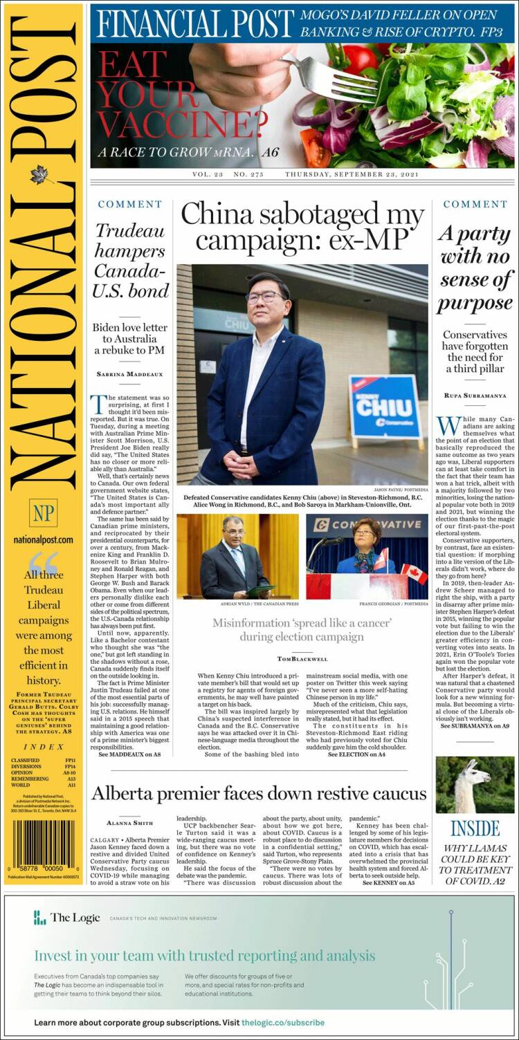 Portada de The National Post (Canadá)