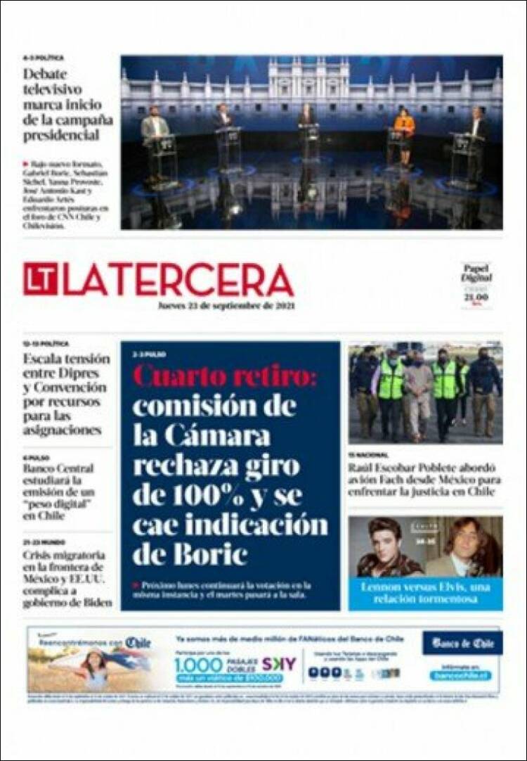 Portada de La Tercera (Chili)