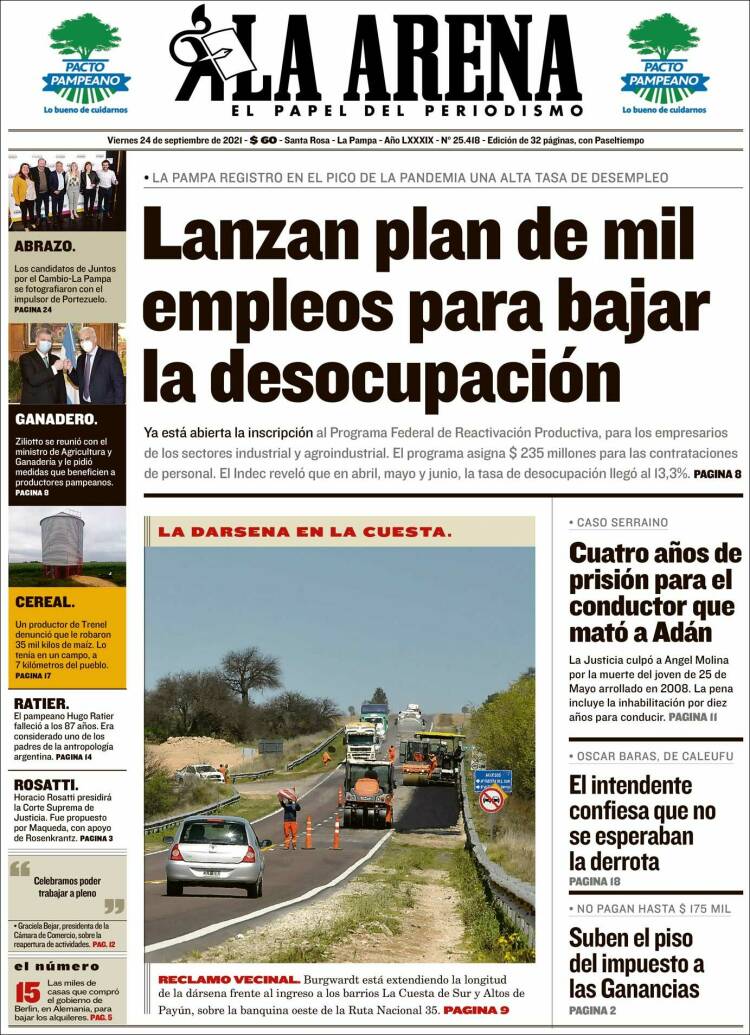 Portada de Diario La Arena (Argentina)