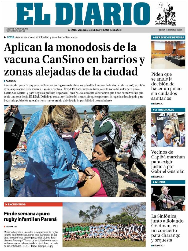 Portada de El Diario de Paraná (Argentina)