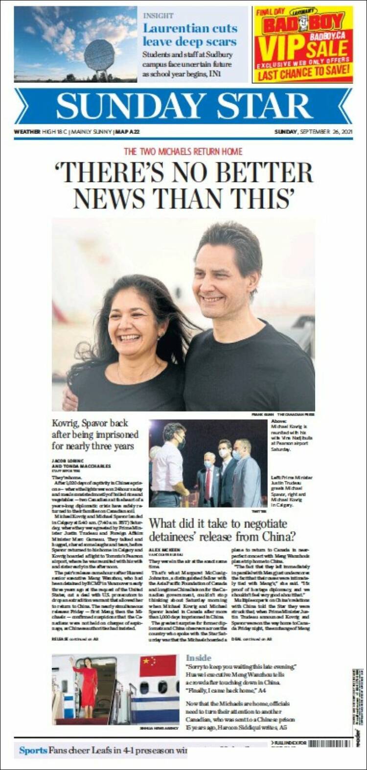 Portada de The Toronto Star (Canadá)