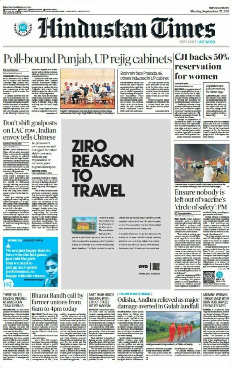 Portada de Hindustan Times (Inde)