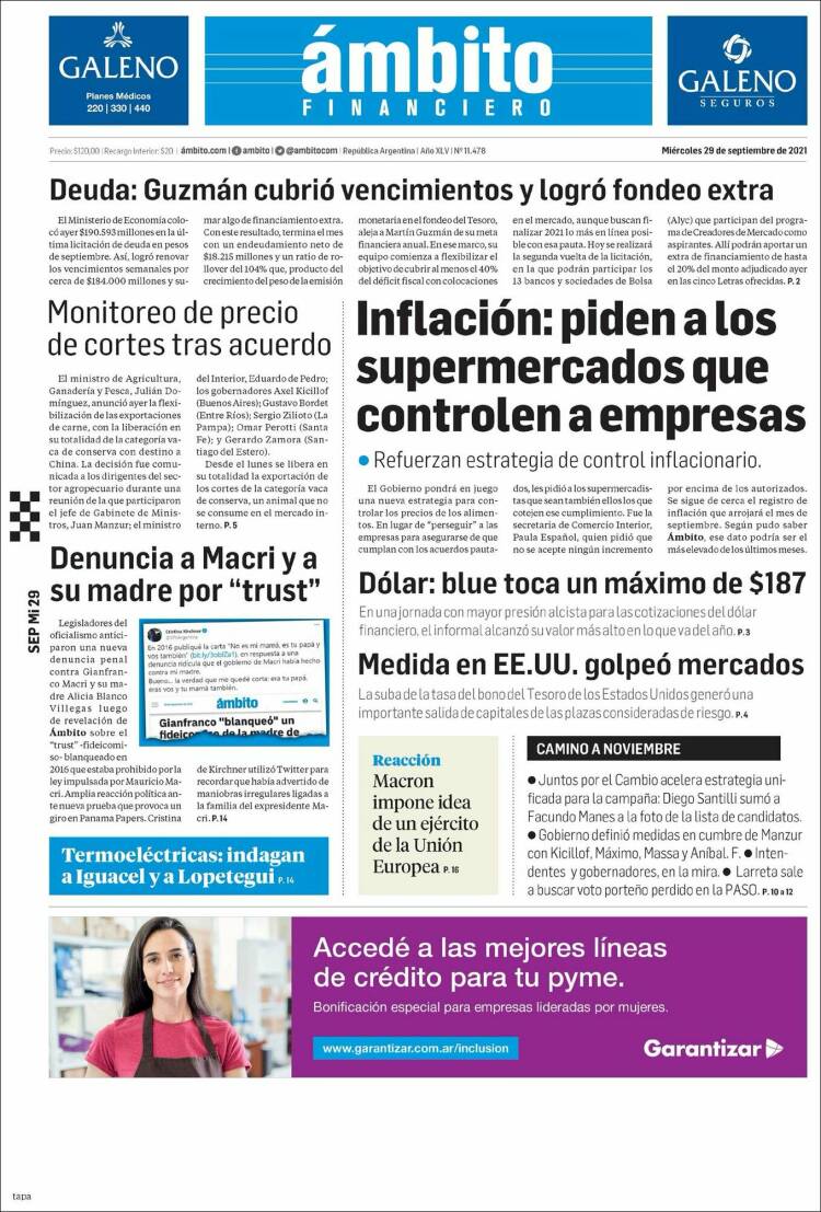 Portada de Diario Ambito Financiero (Argentine)