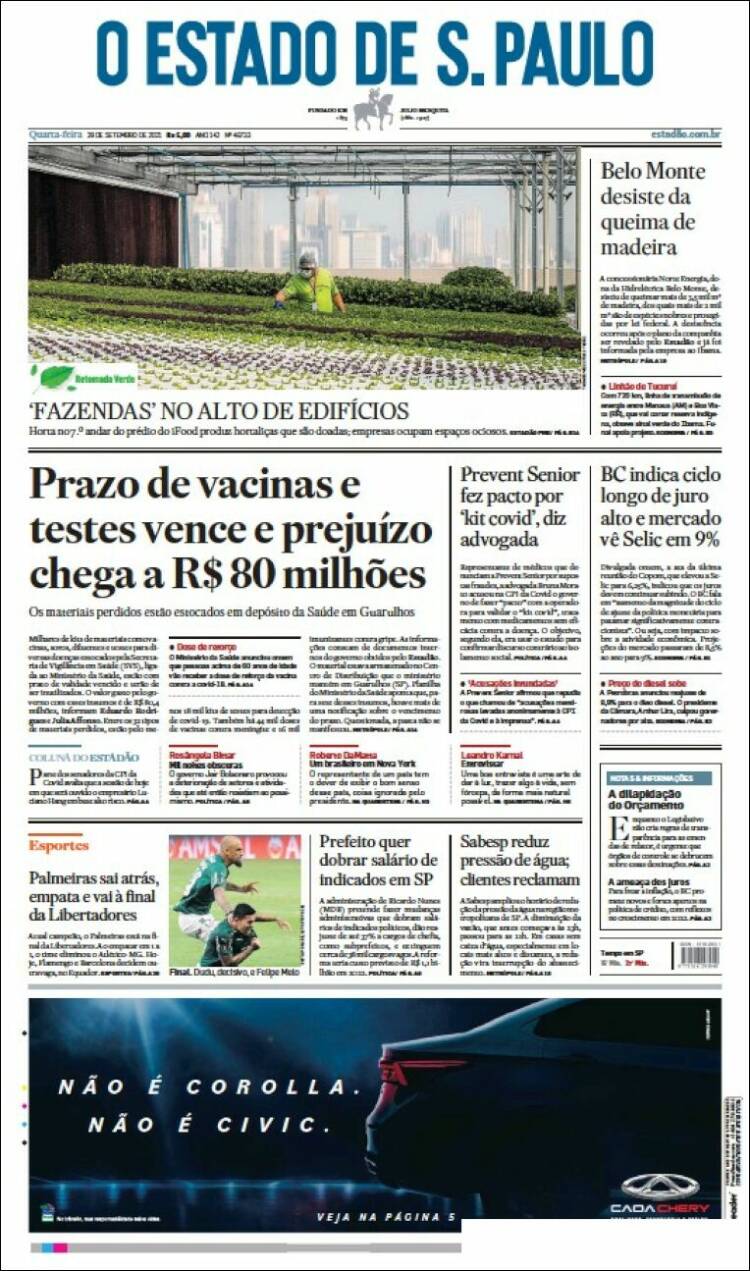 Portada de O Estado de São Paulo (Brasil)