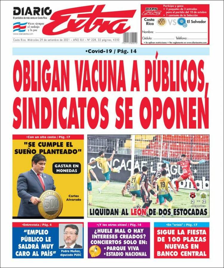Portada de Diario Extra (Costa Rica)