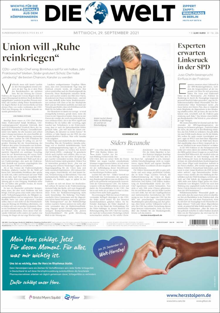 Portada de Die Welt (Allemagne)