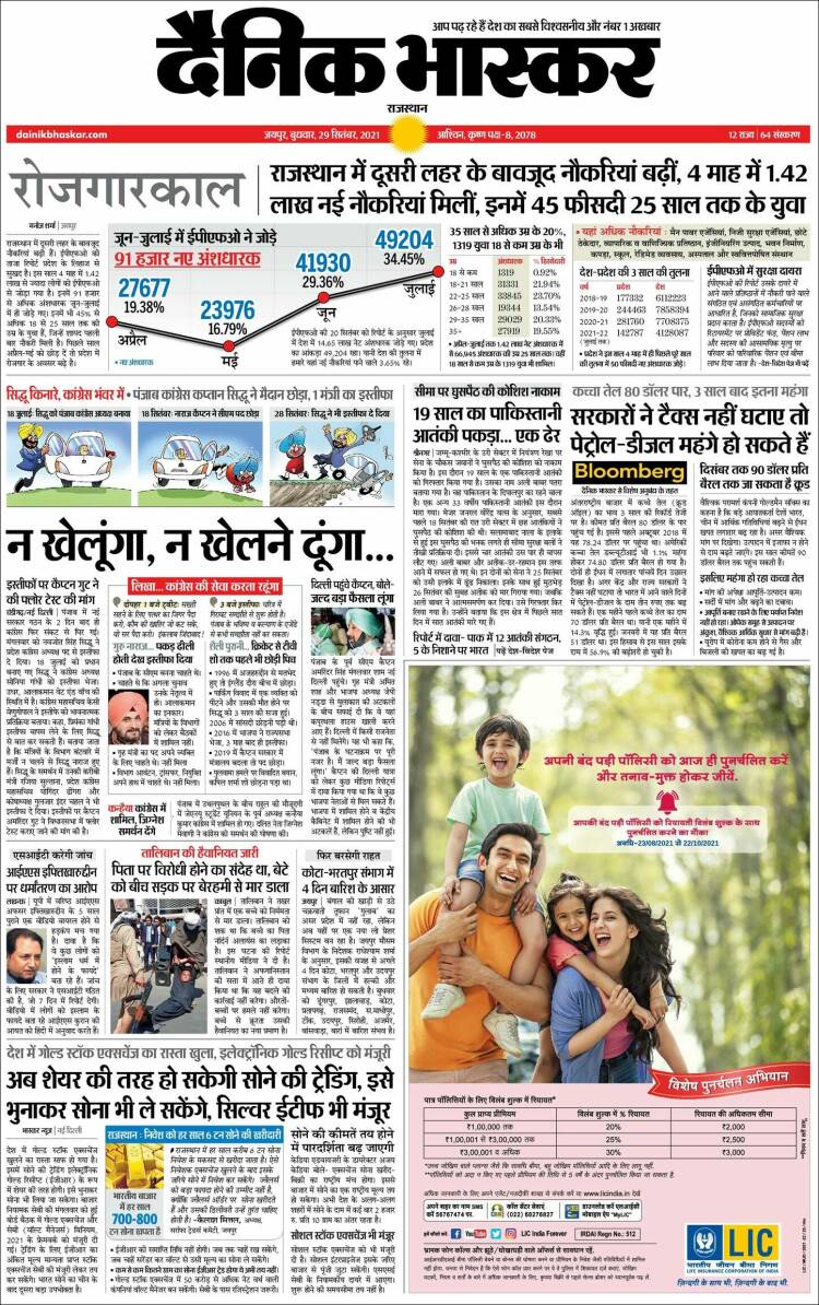 Portada de Dainik Bhaskar - दैनिक भास्कर (Inde)