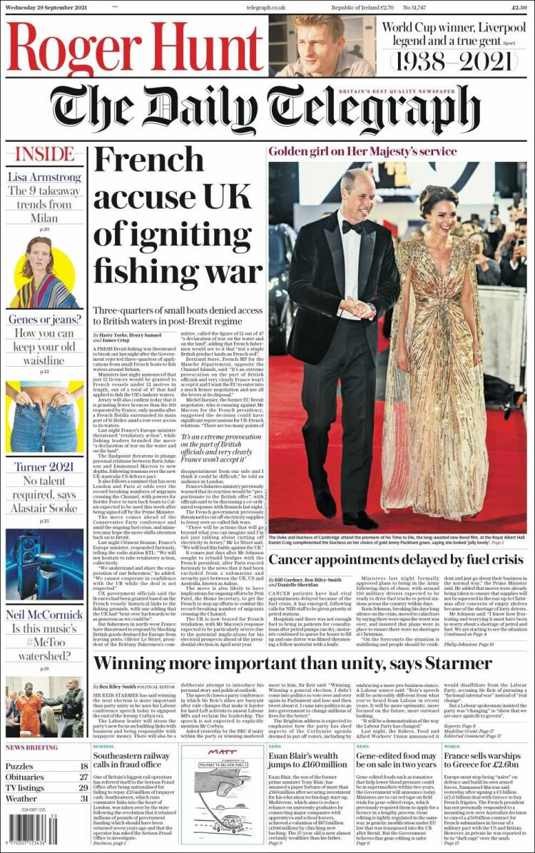 Portada de Daily Telegraph (Royaume-Uni)