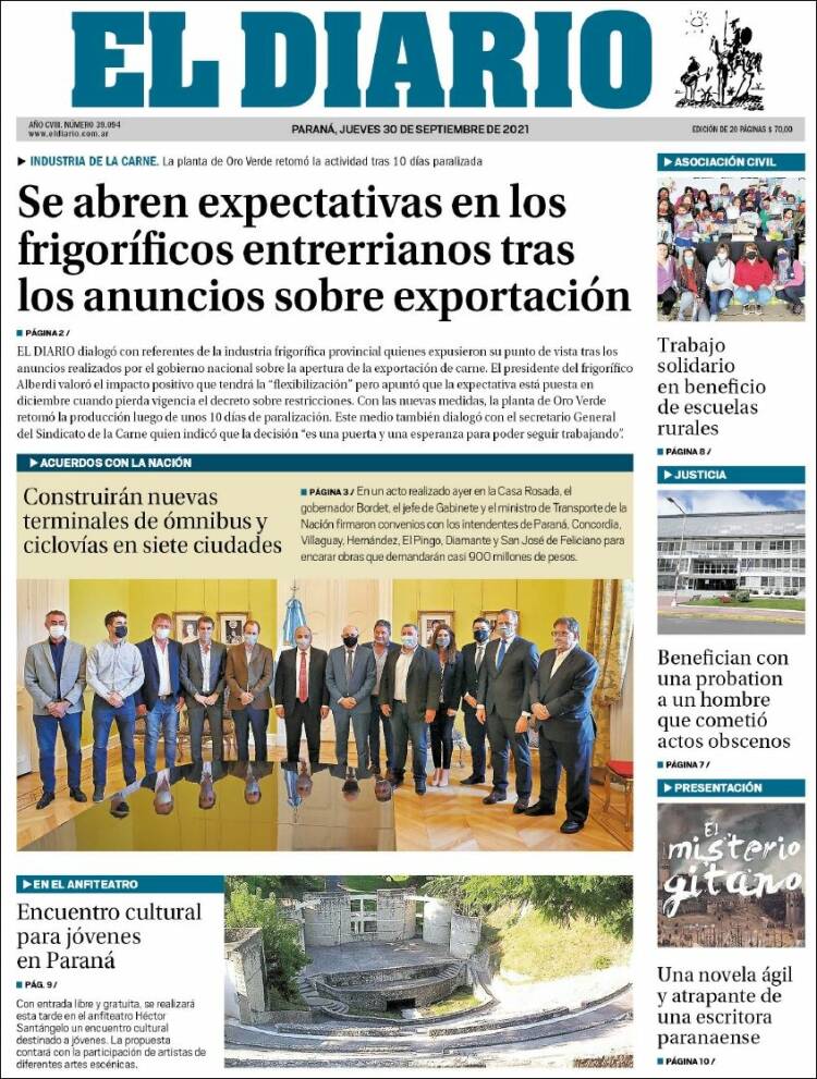 Portada de El Diario de Paraná (Argentina)