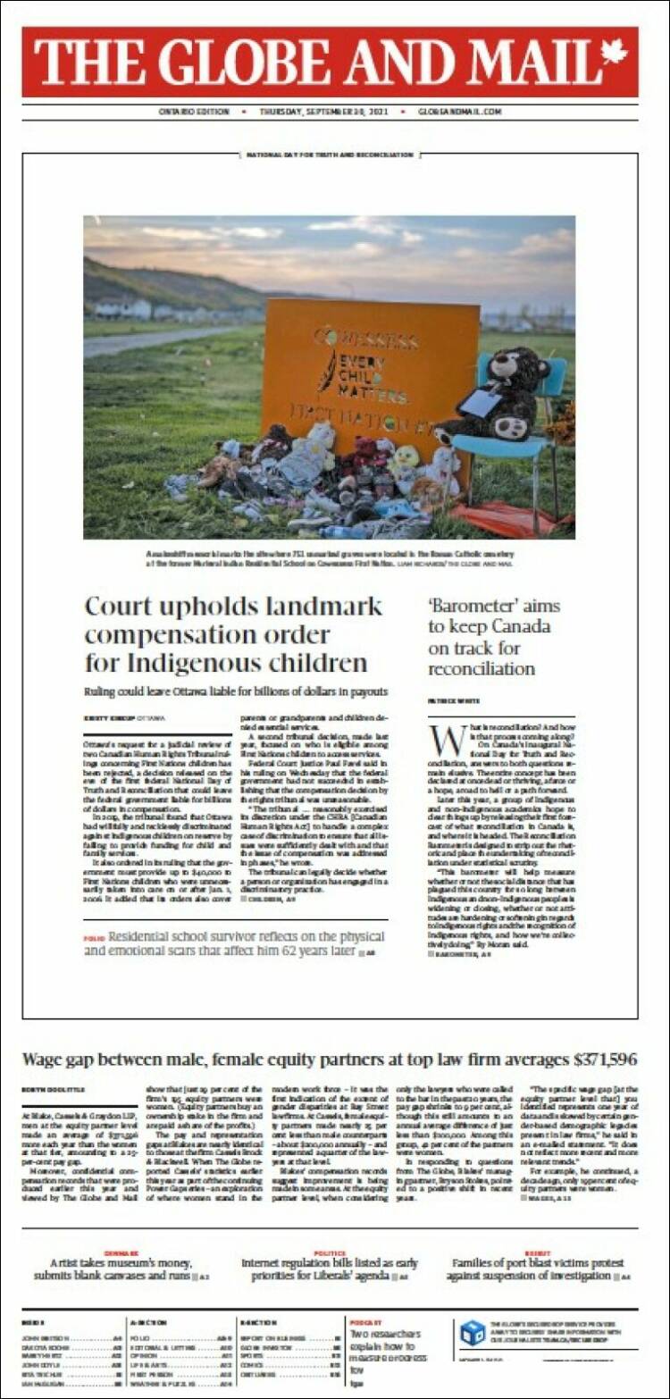 Portada de The Globe and Mail (Canada)