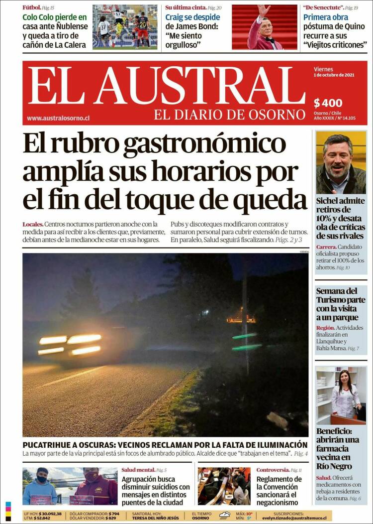 Portada de El Austral de Osorno (Chile)