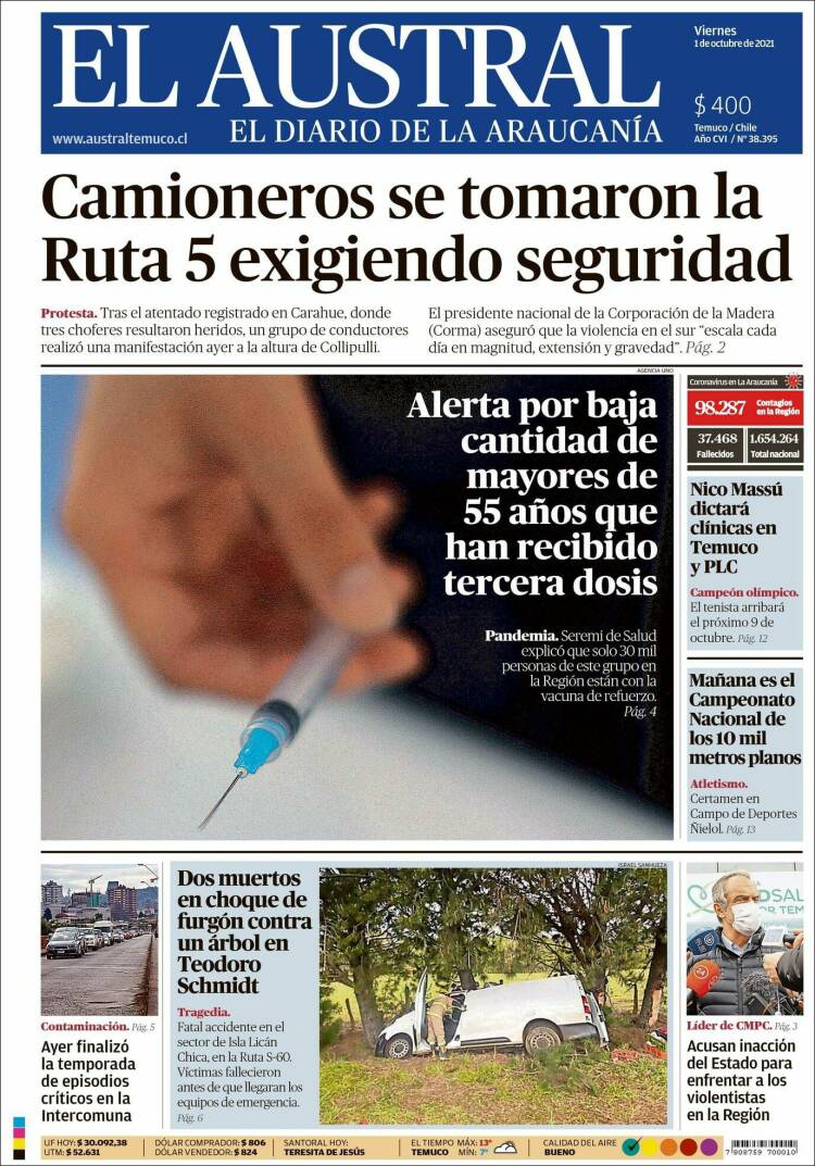 Portada de El Austral de Temuco (Chile)