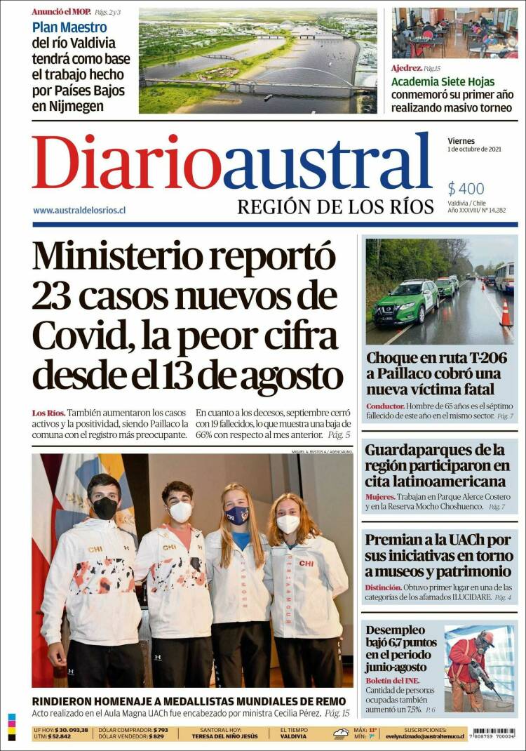 Portada de El Diario Austral de Valdivia (Chile)
