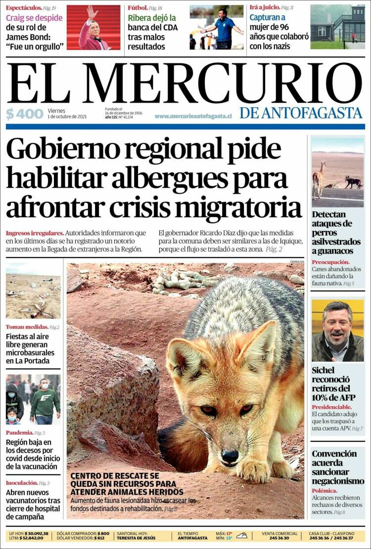 Portada de El Mercurio de Antofagasta (Chile)