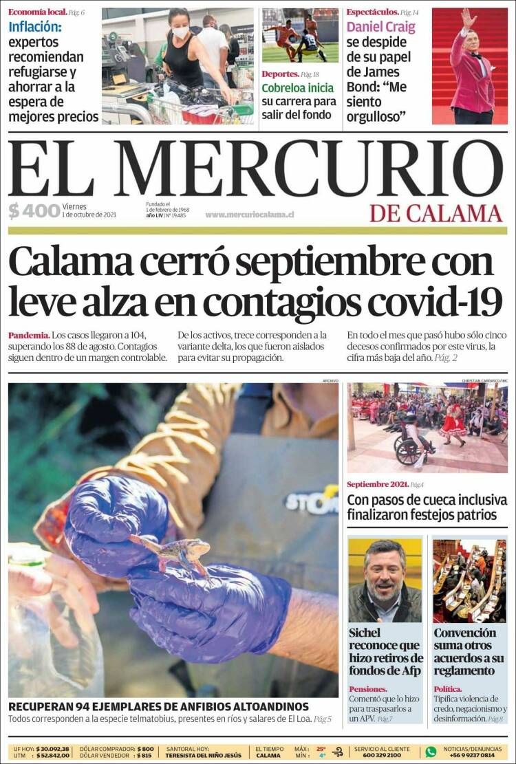 Portada de El Mercurio - Calama (Chile)