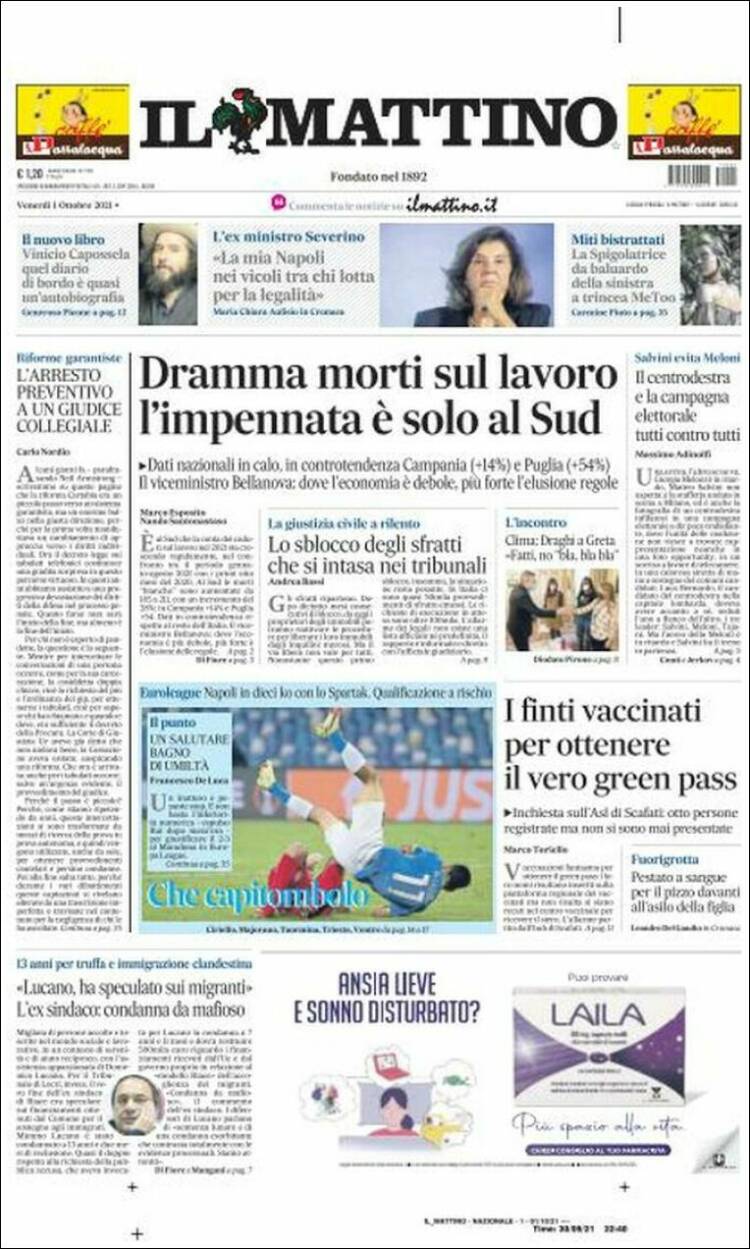 Portada de Il Mattino (Italia)