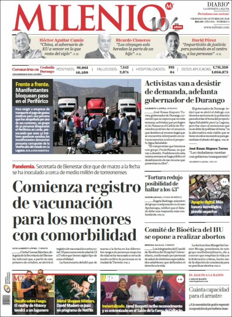 Portada de Milenio - Laguna (M&eacute;xico)