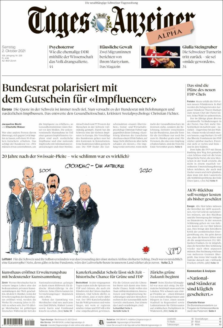 Portada de Tages-Anzeiger (Suiza)