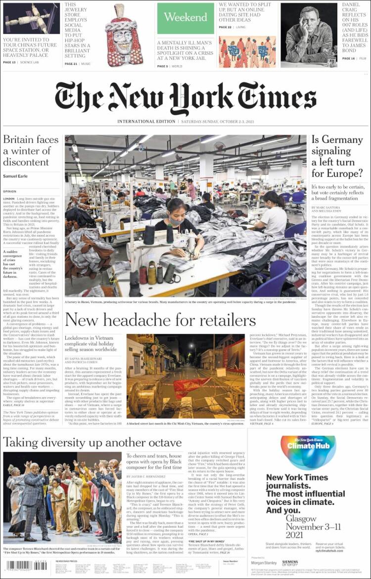 Portada de International New York Times (Europa)