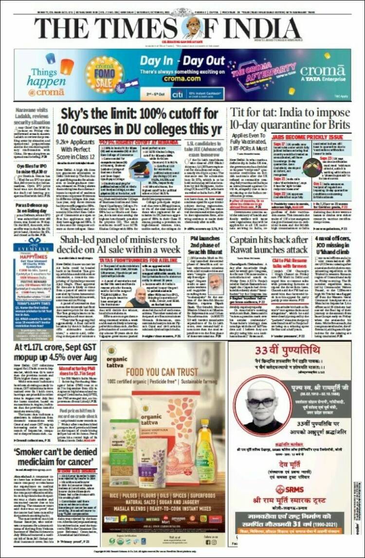 Portada de The Times of India (India)