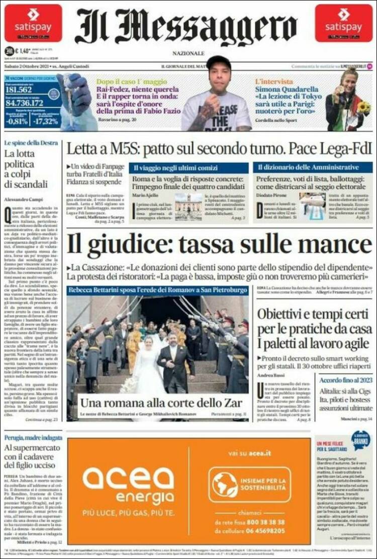 Portada de Il Messaggero (Italia)