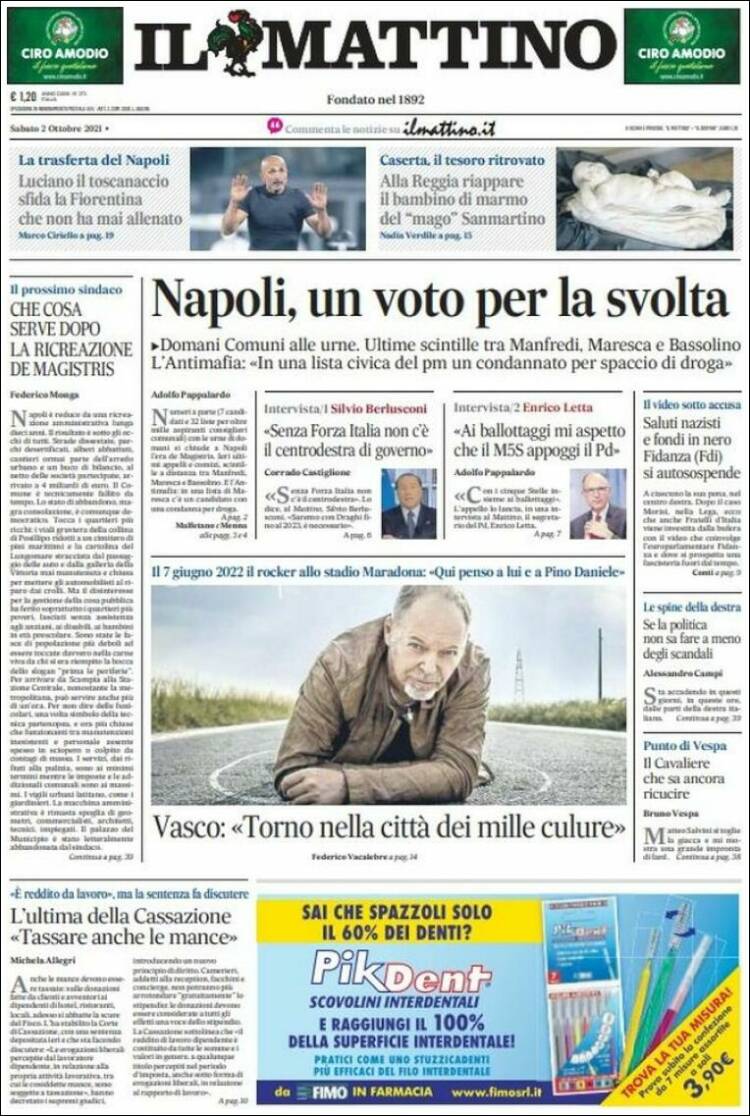 Portada de Il Mattino (Italia)