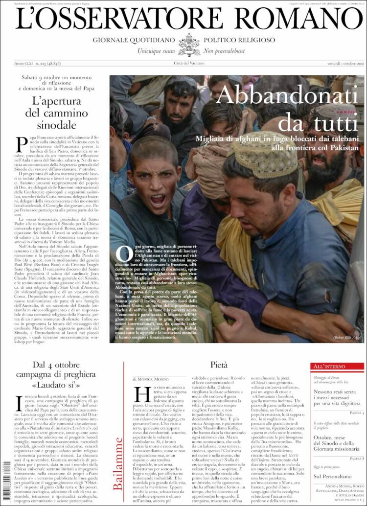Portada de L'Osservatore Romano (Italia)
