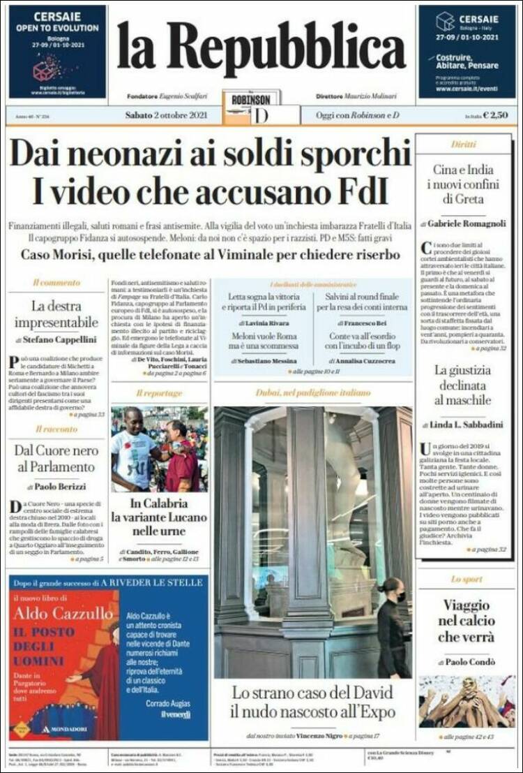 Portada de La Repubblica (Italia)