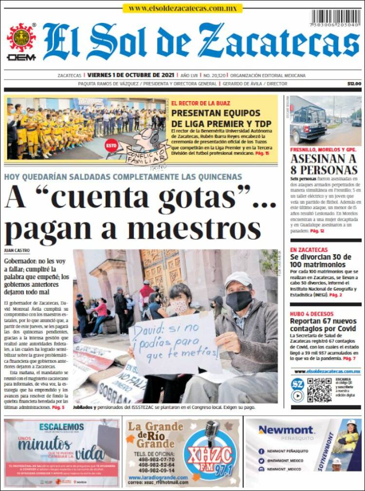Portada de El Sol de Zacatecas (M&eacute;xico)