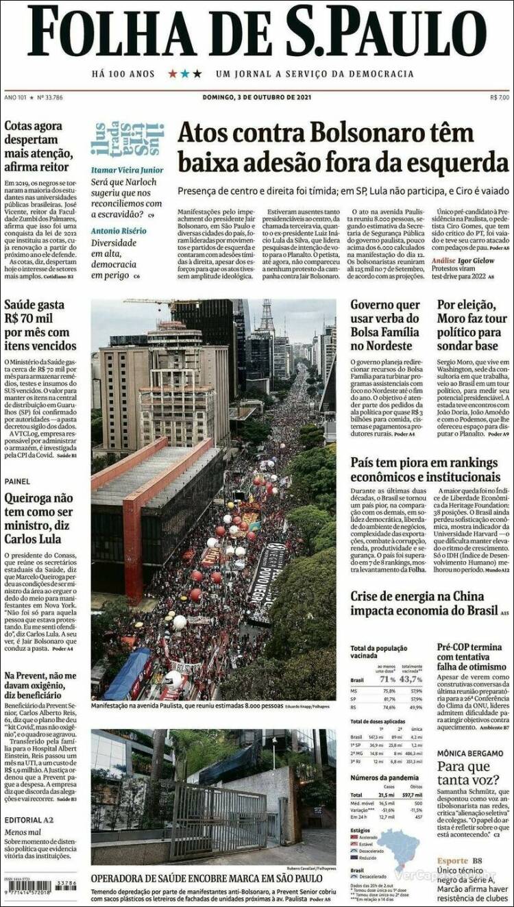 Portada de Folha de São Paulo (Brasil)