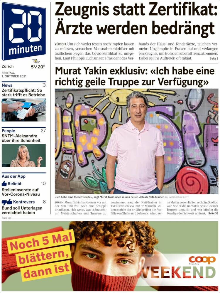 Portada de 20Minuten - Zürich (Suiza)