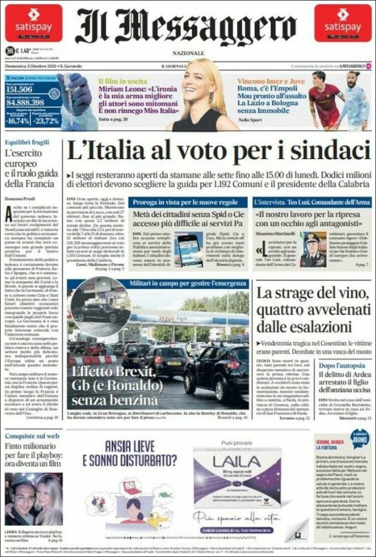 Portada de Il Messaggero (Italia)